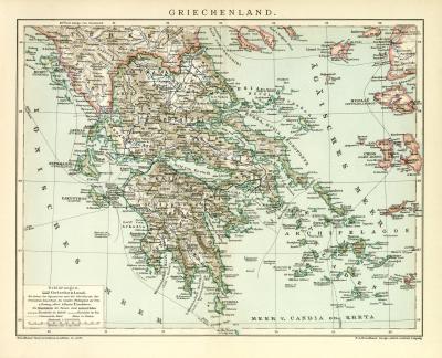 Griechenland historische Landkarte Lithographie ca. 1902