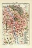 Graz historischer Stadtplan Karte Lithographie ca. 1912