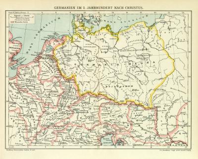 Germanien im 2. Jahrhundert nach Christus historische Landkarte Lithographie ca. 1908