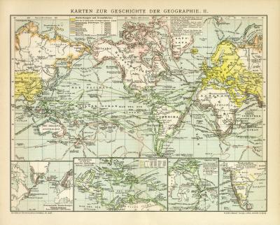 Karten zur Geschichte der Geographie II. historische Landkarte Lithographie ca. 1899
