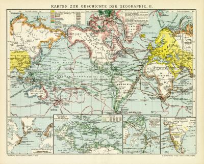 Karten zur Geschichte der Geographie II. historische Landkarte Lithographie ca. 1911