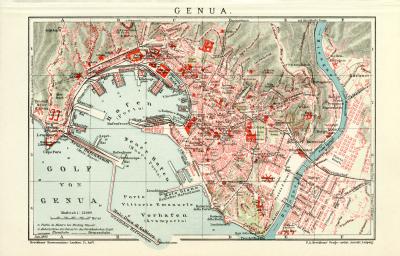 Genua historischer Stadtplan Karte Lithographie ca. 1905