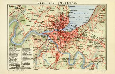 Genf und Umgebung historischer Stadtplan Karte Lithographie ca. 1909