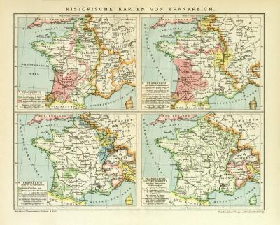 Historische Karten von Frankreich historische Landkarte Lithographie ca. 1908