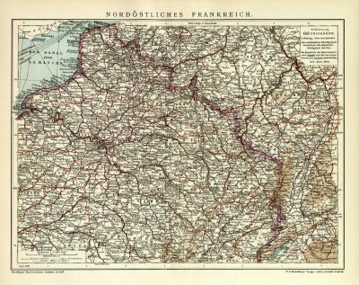 Nordost Frankreich Karte Lithographie 1912 Original der Zeit
