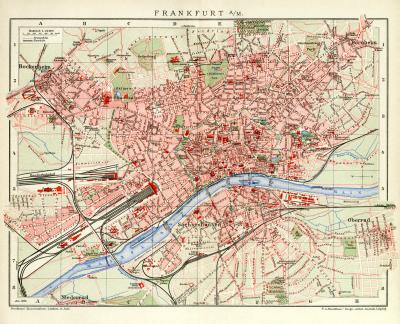 Frankfurt a. M. historischer Stadtplan Karte Lithographie ca. 1905