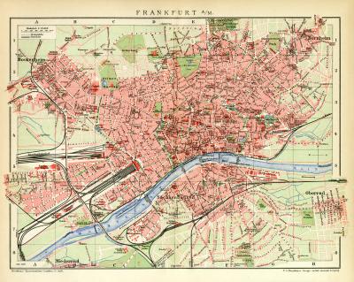 Frankfurt a. M. historischer Stadtplan Karte Lithographie ca. 1907