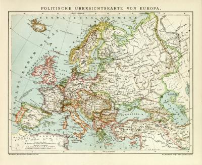 Politische Übersichtskarte von Europa historische Landkarte Lithographie ca. 1902