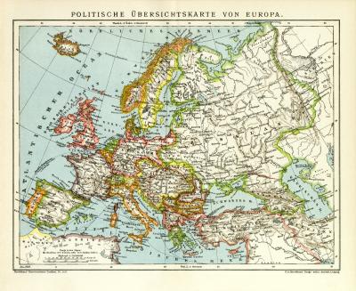 Politische Übersichtskarte von Europa historische Landkarte Lithographie ca. 1906