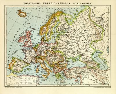Europa politische Karte Lithographie 1909 Original der Zeit