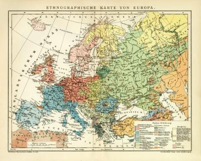 Ethnographische Karte von Europa historische Landkarte Lithographie ca. 1904