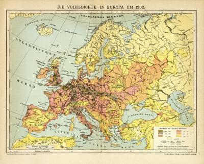 Europa Bevölkerung Karte Lithographie 1905 Original der Zeit