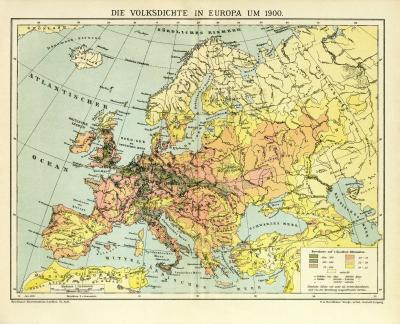 Die Volksdichte in Europa um 1900 historische Landkarte Lithographie ca. 1908
