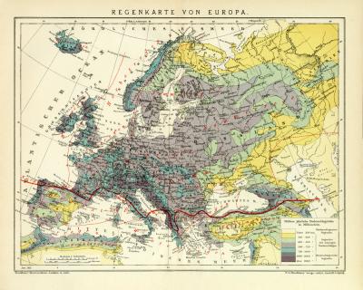 Europa Regenkarte historische Landkarte Lithographie ca. 1911