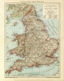 England und Wales Karte Lithographie 1901 Original der Zeit