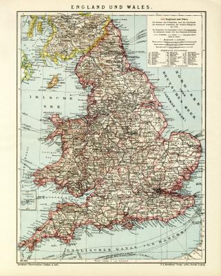 England und Wales historische Landkarte Lithographie ca. 1905