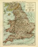 England und Wales historische Landkarte Lithographie ca. 1908