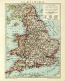 England und Wales Karte Lithographie 1910 Original der Zeit