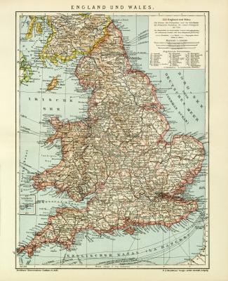 England und Wales historische Landkarte Lithographie ca. 1912