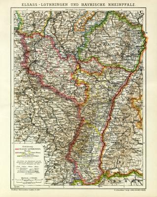 Elsass - Lothringen und Bayerische Rheinpfalz historische Landkarte Lithographie ca. 1906