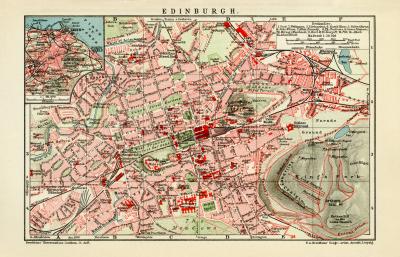 Edinburgh historischer Stadtplan Karte Lithographie ca. 1909