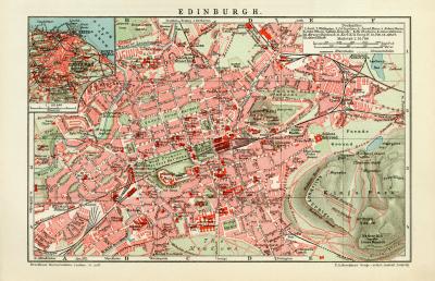 Edinburgh historischer Stadtplan Karte Lithographie ca. 1911