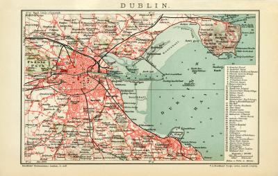 Dublin historischer Stadtplan Karte Lithographie ca. 1909