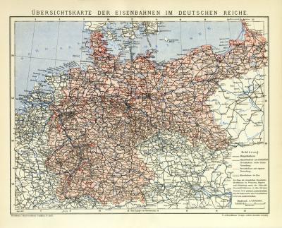 Eisenbahnen Deutsches Reich Karte Lithographie 1912 Original der Zeit
