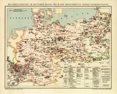 Militärdislokation im Deutschen Reiche und in den Grenzgebieten seiner Nachbarstaaten historische Militärkarte Lithographie ca. 1907