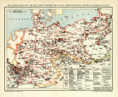 Militärdislokation im Deutschen Reiche und in den Grenzgebieten seiner Nachbarstaaten historische Militärkarte Lithographie ca. 1911
