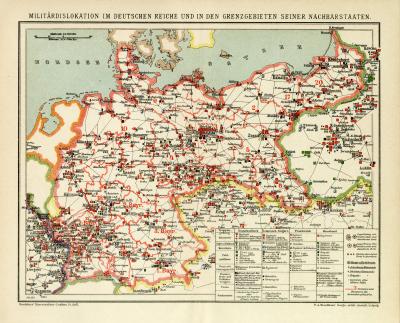 Militärdislokation im Deutschen Reiche und in den Grenzgebieten seiner Nachbarstaaten historische Militärkarte Lithographie ca. 1912