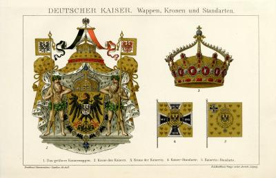 Deutscher Kaiser Wappen Krone Standarten Chromolithographie 1898 Original der Zeit