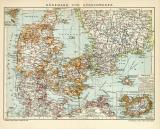 Dänemark und Südschweden historische Landkarte Lithographie ca. 1903