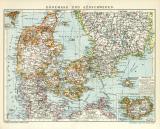 Dänemark und Südschweden historische Landkarte Lithographie ca. 1906