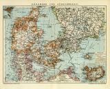 Dänemark und Südschweden historische Landkarte Lithographie ca. 1908