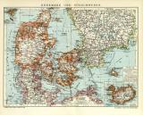 Dänemark Südschweden Karte Lithographie 1910...