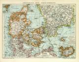 Dänemark und Südschweden historische Landkarte Lithographie ca. 1912