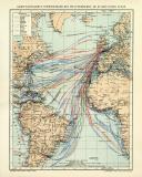 Dampfschifffahrts - Verbindungen des Weltverkehrs im Atlantischen Ozean historische Landkarte Lithographie ca. 1909