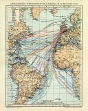 Dampfschifffahrts - Verbindungen des Weltverkehrs im Atlantischen Ozean historische Landkarte Lithographie ca. 1912