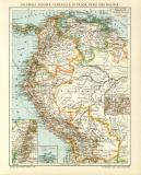 Columbia Venezuela Ecuador Peru Bolivia historische Landkarte Lithographie ca. 1905