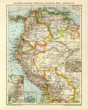 Columbia Venezuela Ecuador Peru Bolivia historische Landkarte Lithographie ca. 1907