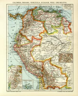 Kolumbien Venezuela Ecuador Peru Bolivien Karte Lithographie 1910 Original der Zeit