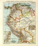 Columbia Venezuela Ecuador Peru Bolivia historische Landkarte Lithographie ca. 1910