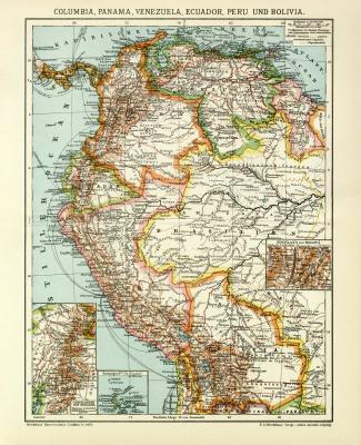 Kolumbien Venezuela Ecuador Peru Bolivien Karte Lithographie 1912 Original der Zeit