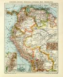 Columbia Venezuela Ecuador Peru Bolivia historische Landkarte Lithographie ca. 1912