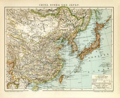 China Korea und Japan historische Landkarte Lithographie ca. 1901