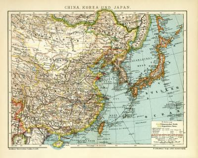China Korea und Japan historische Landkarte Lithographie ca. 1910