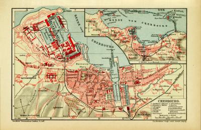 Cherbourg historischer Stadtplan Karte Lithographie ca. 1908