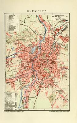 Chemnitz Stadtplan Lithographie 1905 Original der Zeit