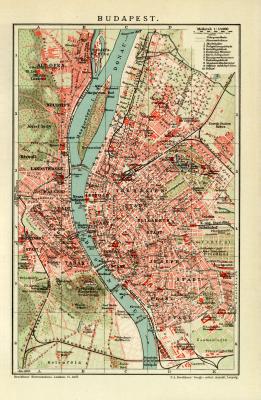 Budapest historischer Stadtplan Karte Lithographie ca. 1905